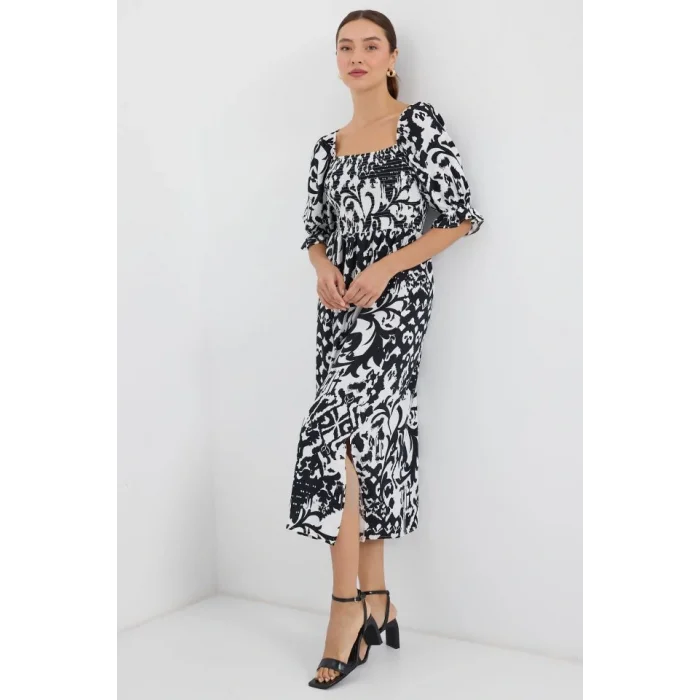 2512 Desenli Yırtmaçlı Elbise - Siyah