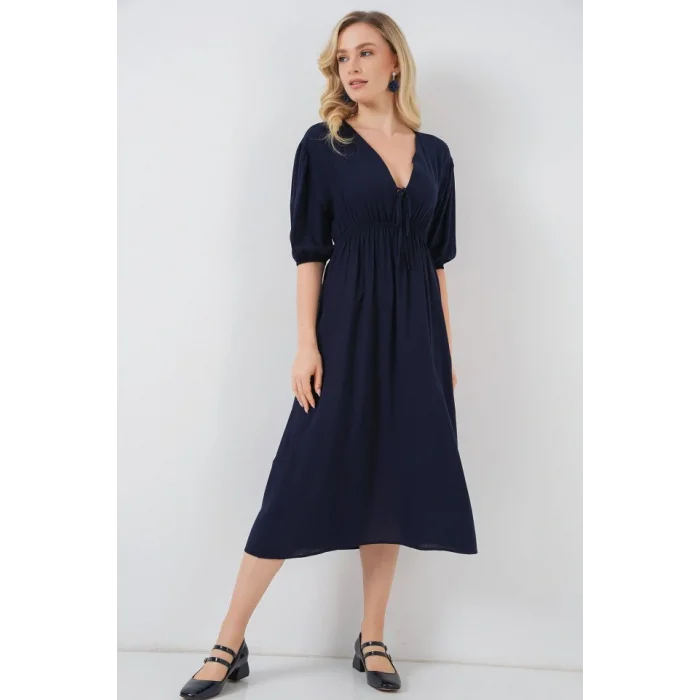 2570 Beli Büzgülü V Yaka Elbise - Lacivert