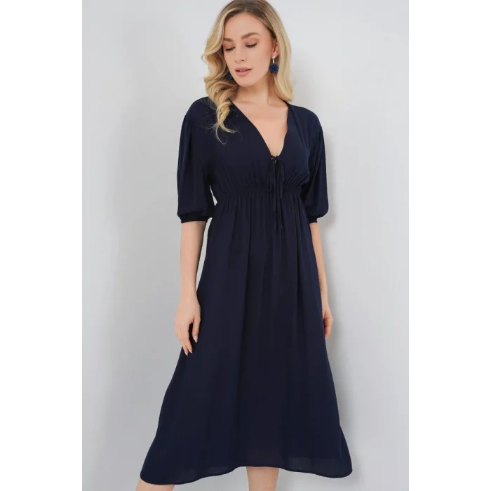 2570 Beli Büzgülü V Yaka Elbise - Lacivert