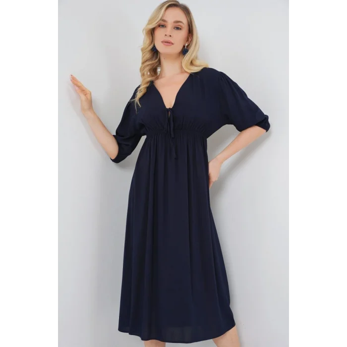 2570 Beli Büzgülü V Yaka Elbise - Lacivert