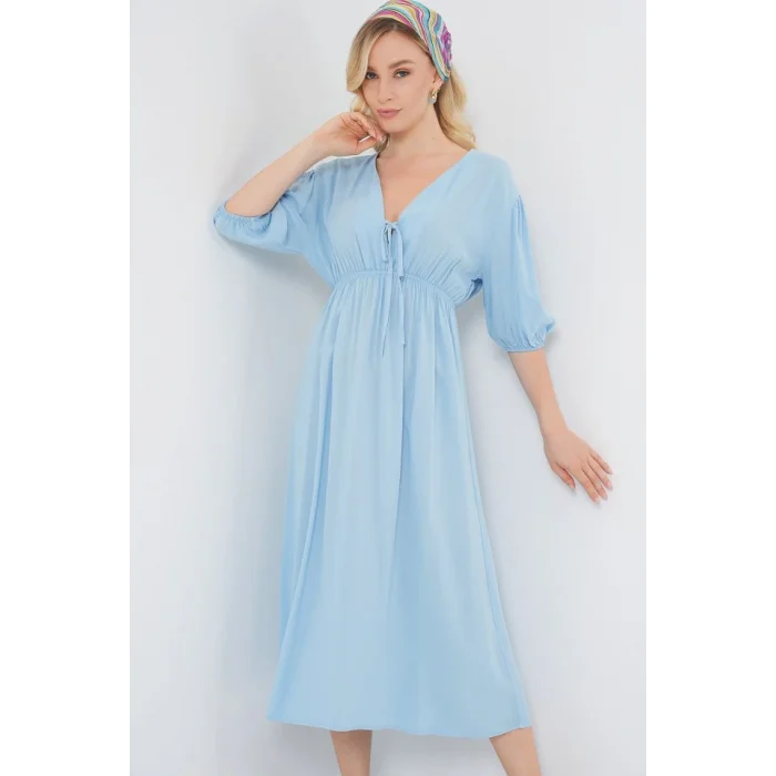 2570 Beli Büzgülü V Yaka Elbise - Mavi