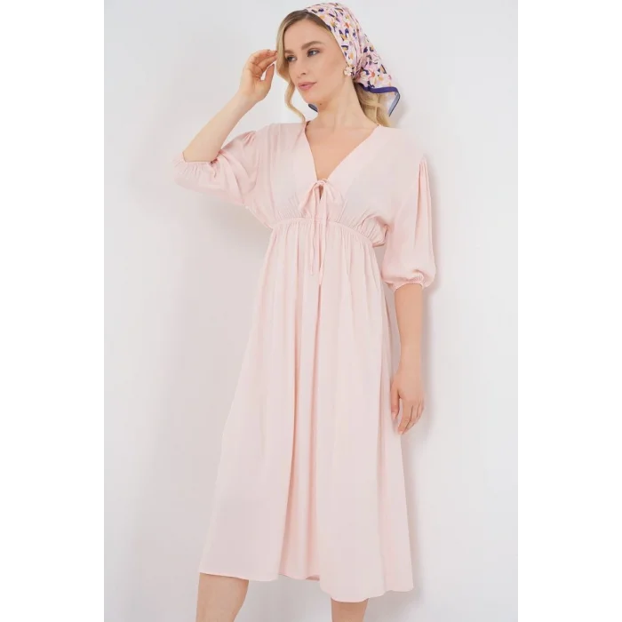 2570 Beli Büzgülü V Yaka Elbise - Pudra