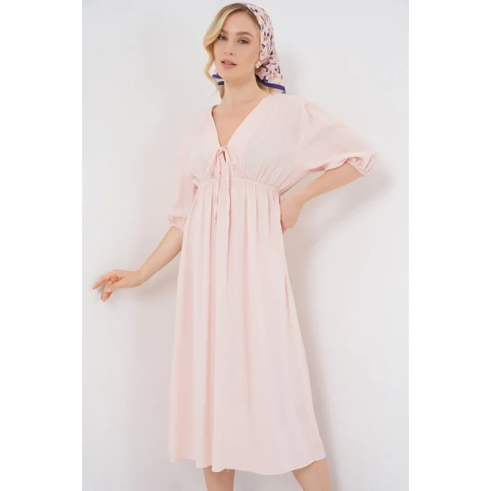 2570 Beli Büzgülü V Yaka Elbise - Pudra