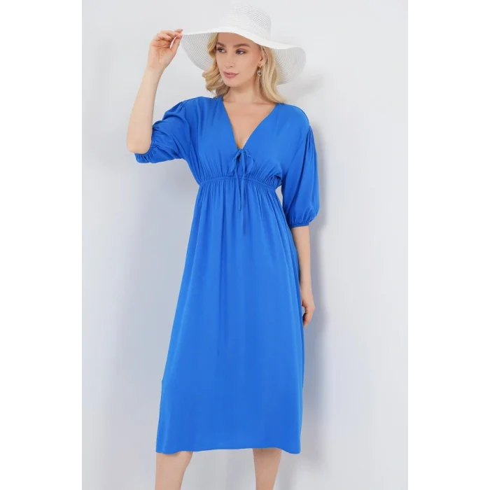 2570 Beli Büzgülü V Yaka Elbise - Saks