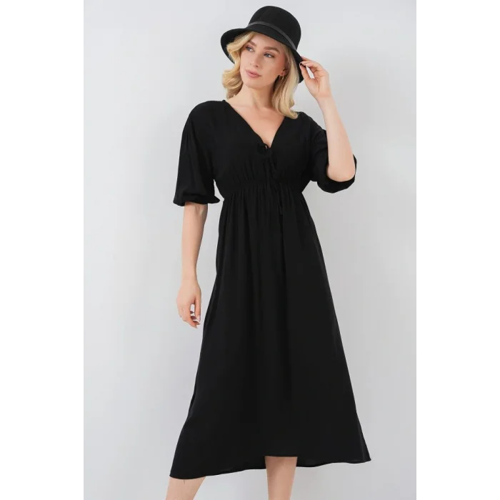 2570 Beli Büzgülü V Yaka Elbise - Siyah