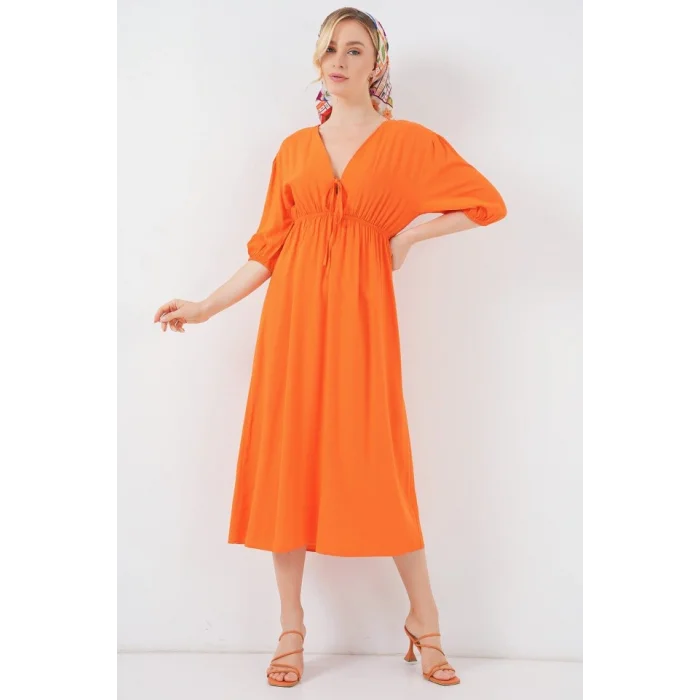 2570 Beli Büzgülü V Yaka Elbise - Turuncu