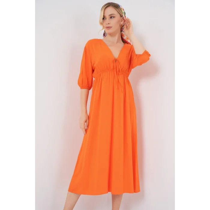 2570 Beli Büzgülü V Yaka Elbise - Turuncu
