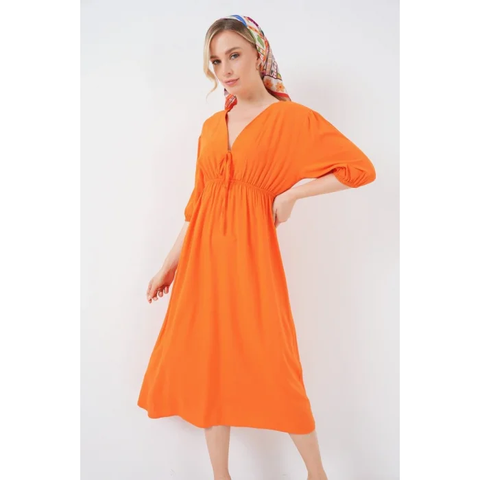 2570 Beli Büzgülü V Yaka Elbise - Turuncu