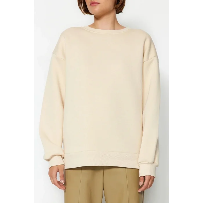 3 iplik şardonlu bisiklet yaka sweatshirt bej