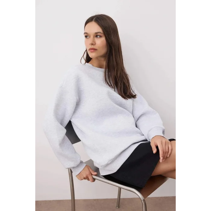 3 iplik şardonlu bisiklet yaka sweatshirt gri