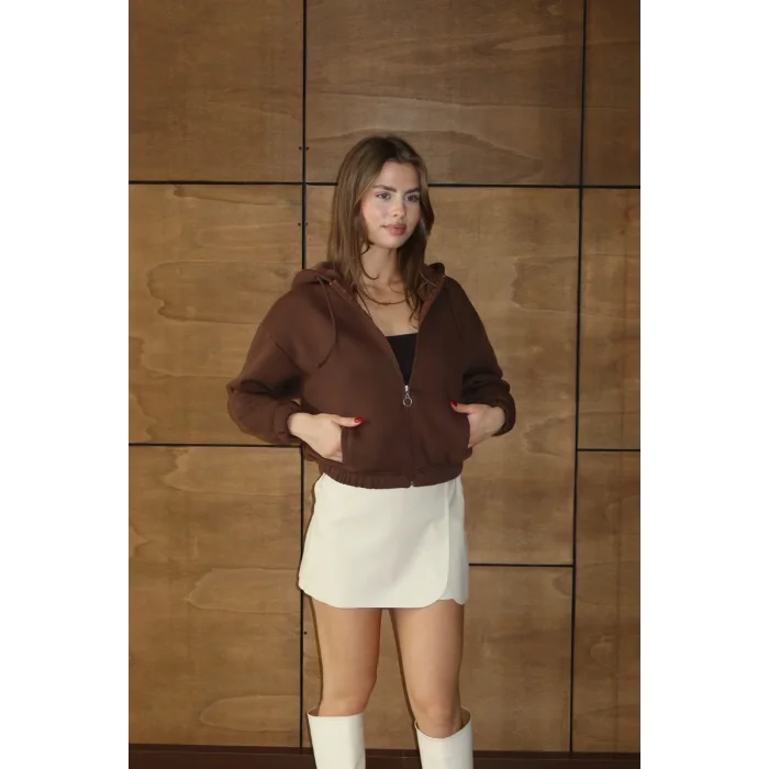 3 iplik şardonlu Kapşonlu fermuarlı kısa üst kahve pat8590