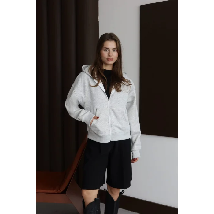 3 iplik şardonlu kapşonlu hoodie frm gri p510437