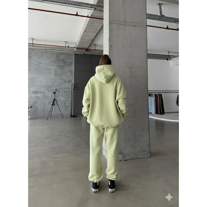 3 iplik şardonlu kapşonlu sweatshirt mint p510436