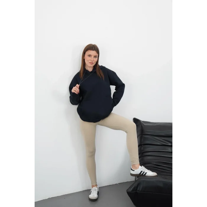 3 iplik şardonlu kapşonlu swetshirt lacivert md63