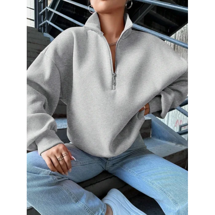 3 iplik Şardonlu yarım fermuarlı sweatshirt gri