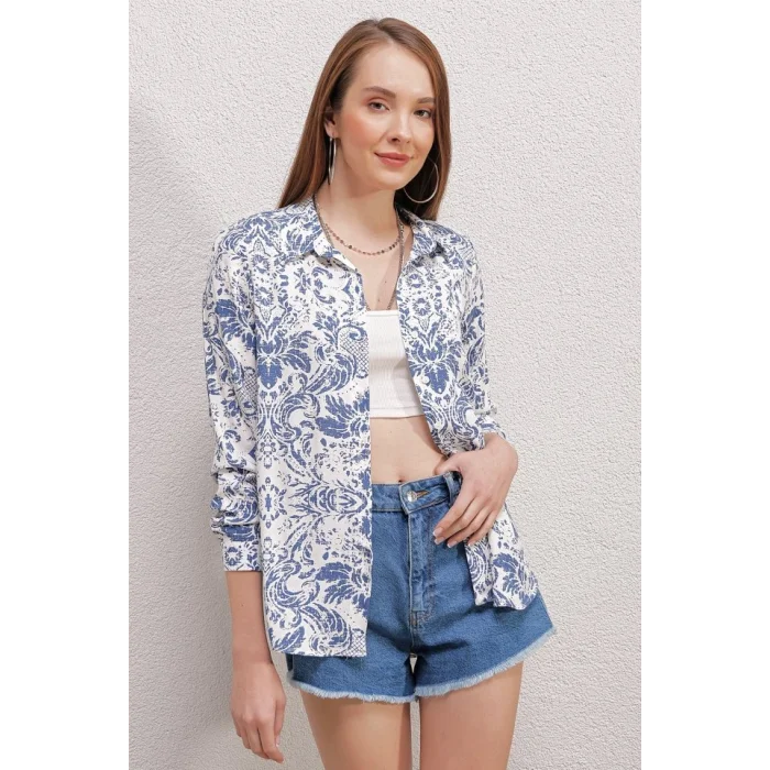 3721 Grafik Desenli Gömlek - Açık Mavi