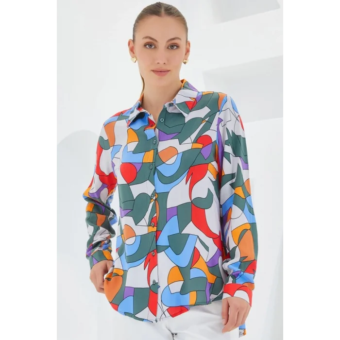 3721 Grafik Desenli Gömlek - E.Haki