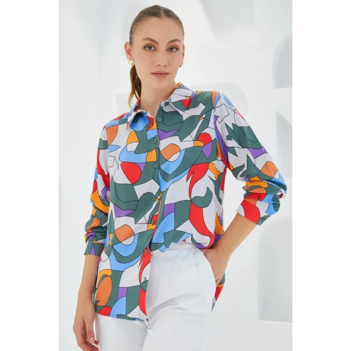 3721 Grafik Desenli Gömlek - E.Haki