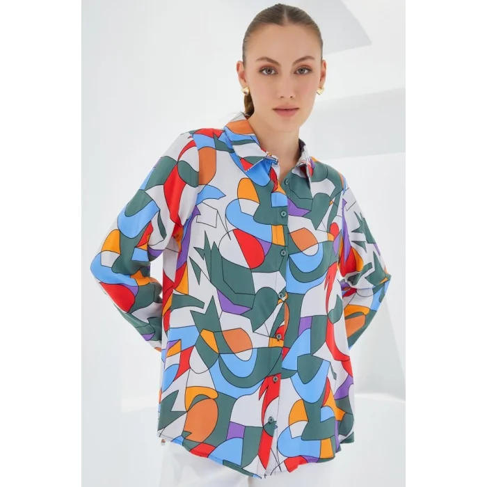 3721 Grafik Desenli Gömlek - E.Haki