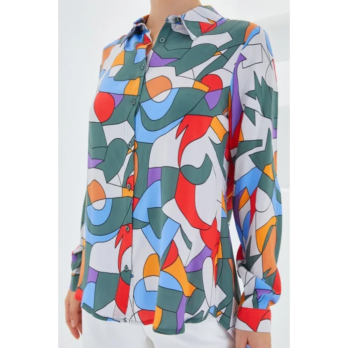 3721 Grafik Desenli Gömlek - E.Haki