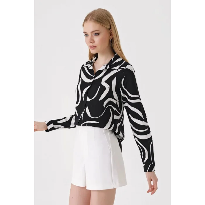 3721 Grafik Desenli Gömlek - F. Siyah