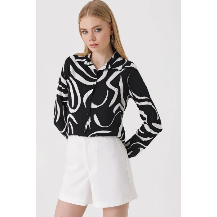 3721 Grafik Desenli Gömlek - F. Siyah