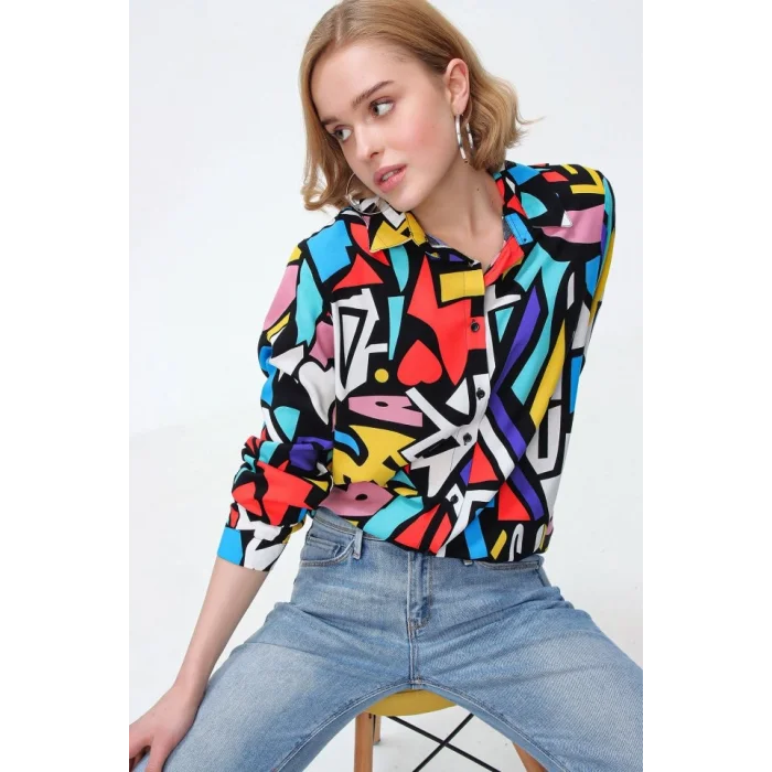 3721 Grafik Desenli Gömlek - Siyah