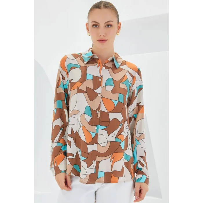 3721 Grafik Desenli Gömlek - Sütlü Kahve