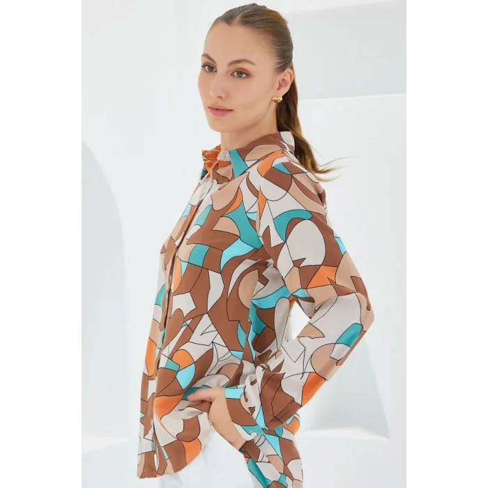 3721 Grafik Desenli Gömlek - Sütlü Kahve