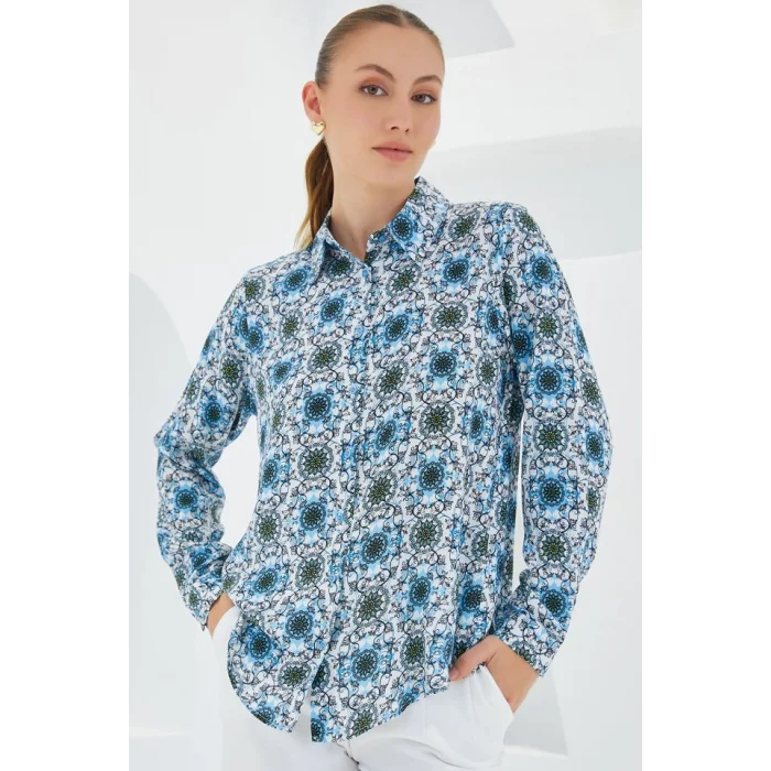 3721 Grafik Desenli Gömlek - Turkuaz