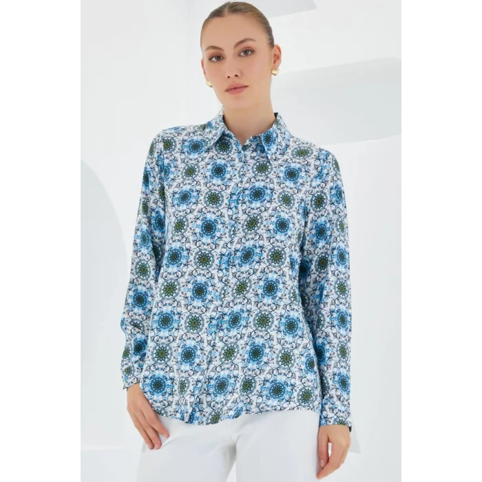 3721 Grafik Desenli Gömlek - Turkuaz