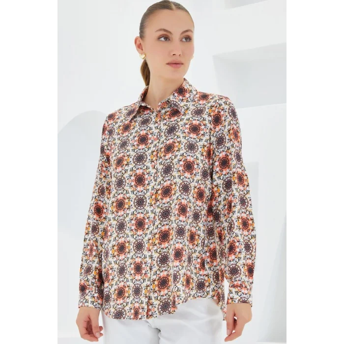 3721 Grafik Desenli Gömlek - Turuncu