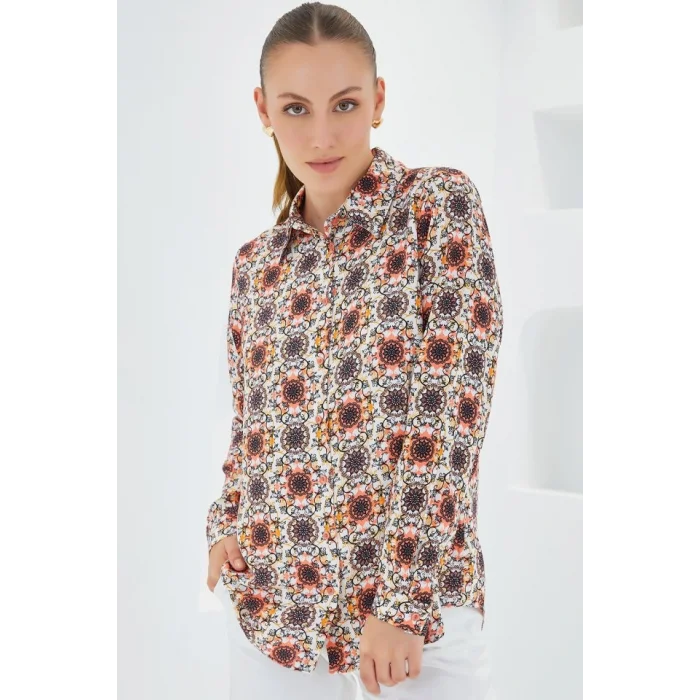 3721 Grafik Desenli Gömlek - Turuncu