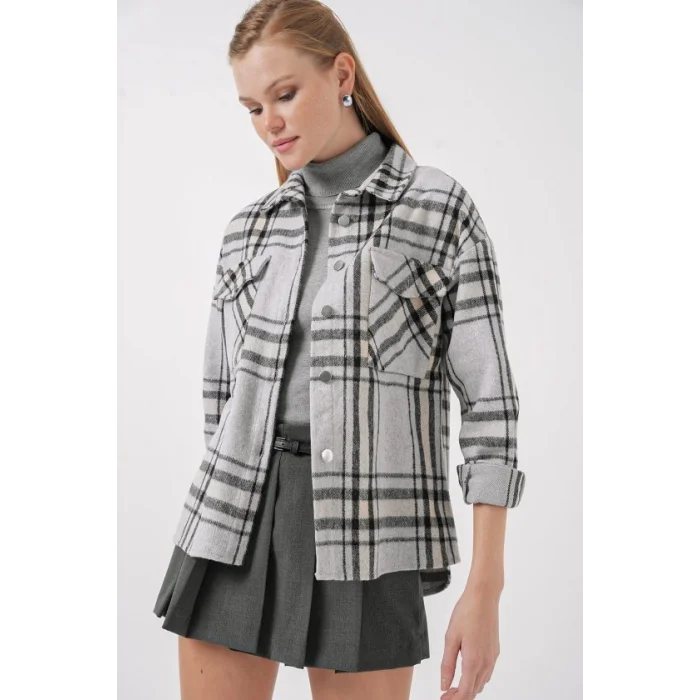 3854 Ekose Desen Çift Cepli Gömlek - A.Gri