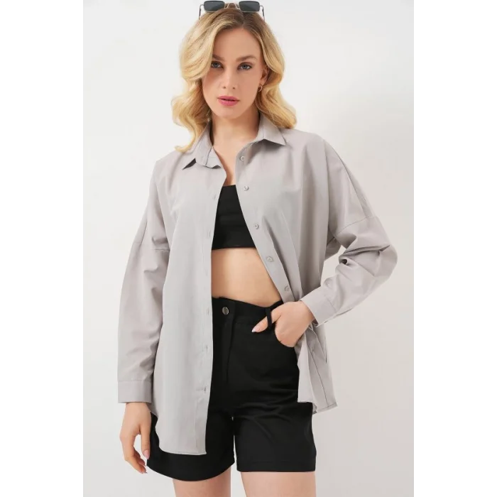 3900 Oversize Uzun Basic Gömlek - A.Gri
