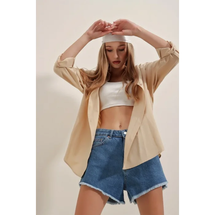 3900 Oversize Uzun Basic Gömlek - Bej