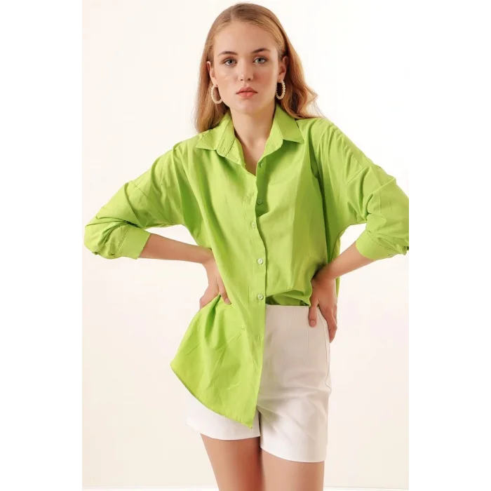 3900 Oversize Uzun Basic Gömlek - Çağla