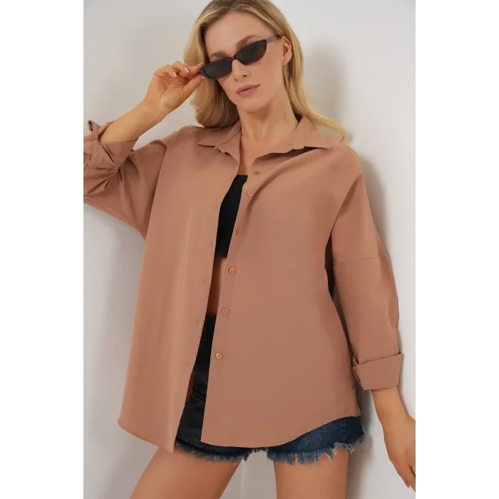 3900 Oversize Uzun Basic Gömlek - Camel