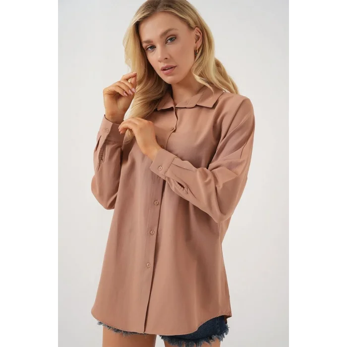 3900 Oversize Uzun Basic Gömlek - Camel