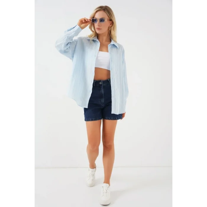 3900 Oversize Uzun Basic Gömlek - C.Mavi