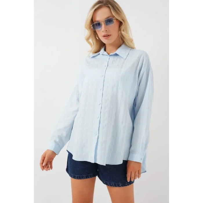 3900 Oversize Uzun Basic Gömlek - C.Mavi