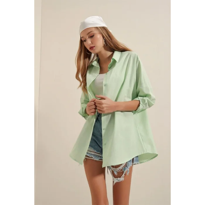 3900 Oversize Uzun Basic Gömlek - E.Yeşil