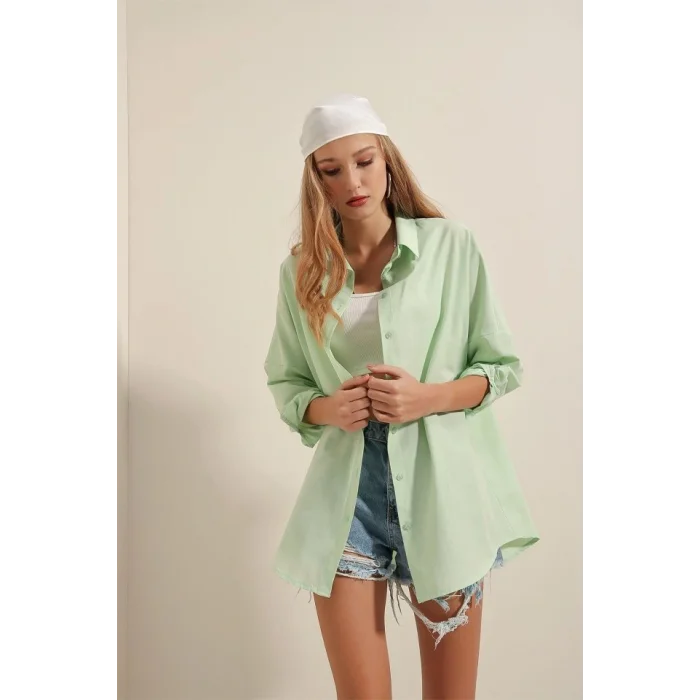 3900 Oversize Uzun Basic Gömlek - E.Yeşil
