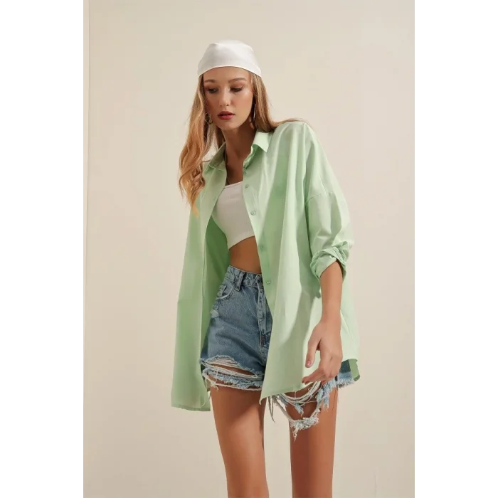 3900 Oversize Uzun Basic Gömlek - E.Yeşil