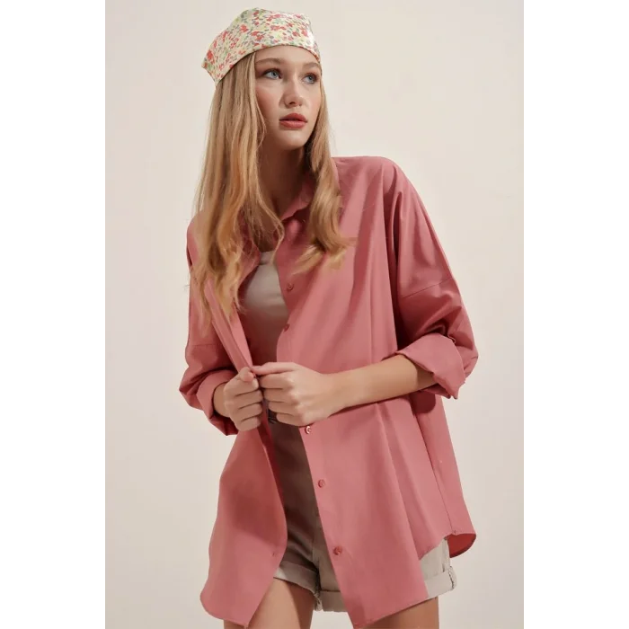 3900 Oversize Uzun Basic Gömlek - Gül Kurusu