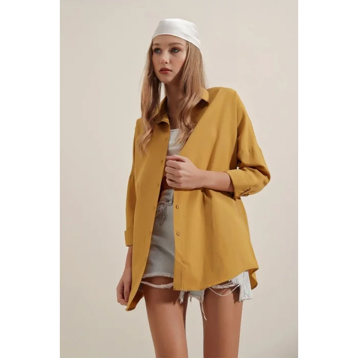 3900 Oversize Uzun Basic Gömlek - Hardal
