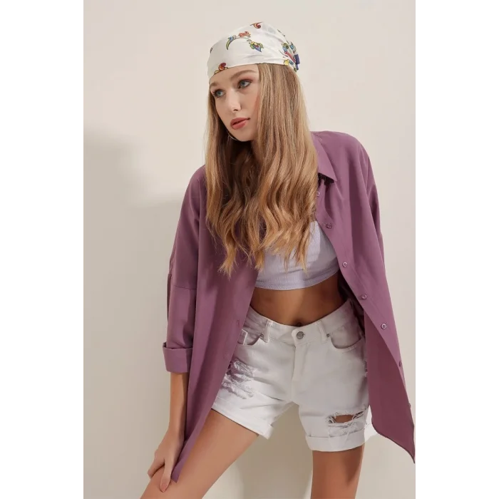 3900 Oversize Uzun Basic Gömlek - Koyu Lila