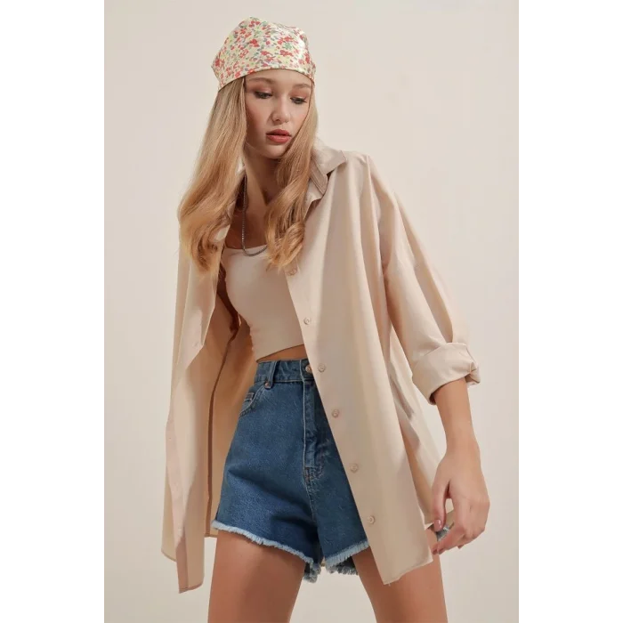3900 Oversize Uzun Basic Gömlek - Krem