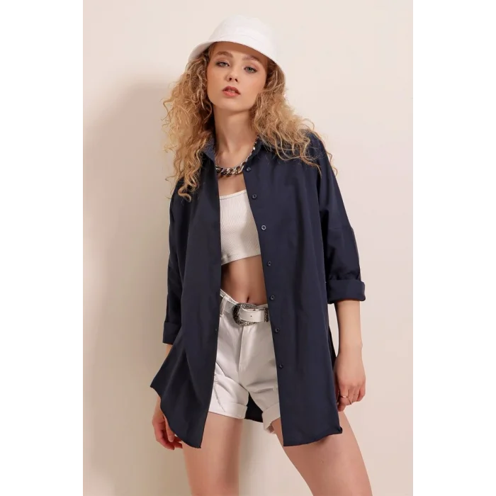 3900 Oversize Uzun Basic Gömlek - Lacivert