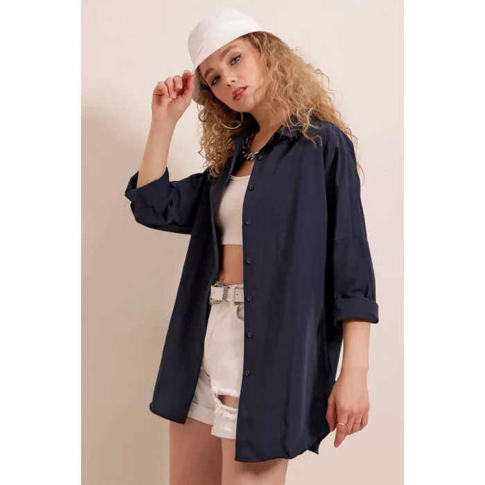 3900 Oversize Uzun Basic Gömlek - Lacivert